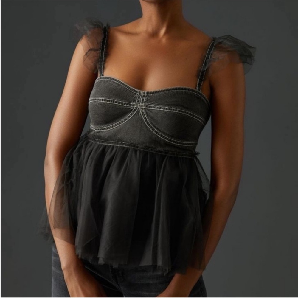 Anthropologie Black Tulle Bustier Peplum Tank